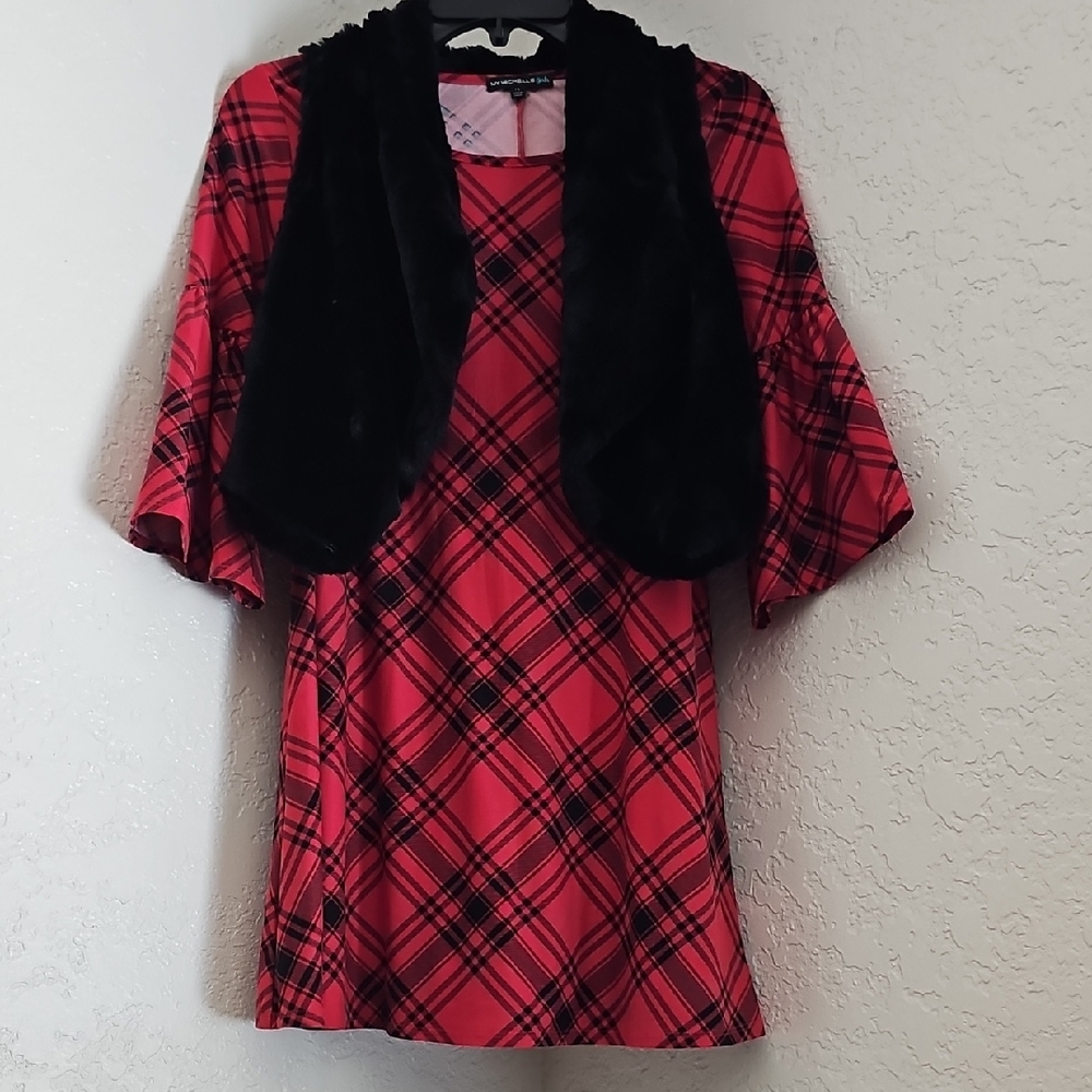 Plaid Red and Black Kids Dress with Vest